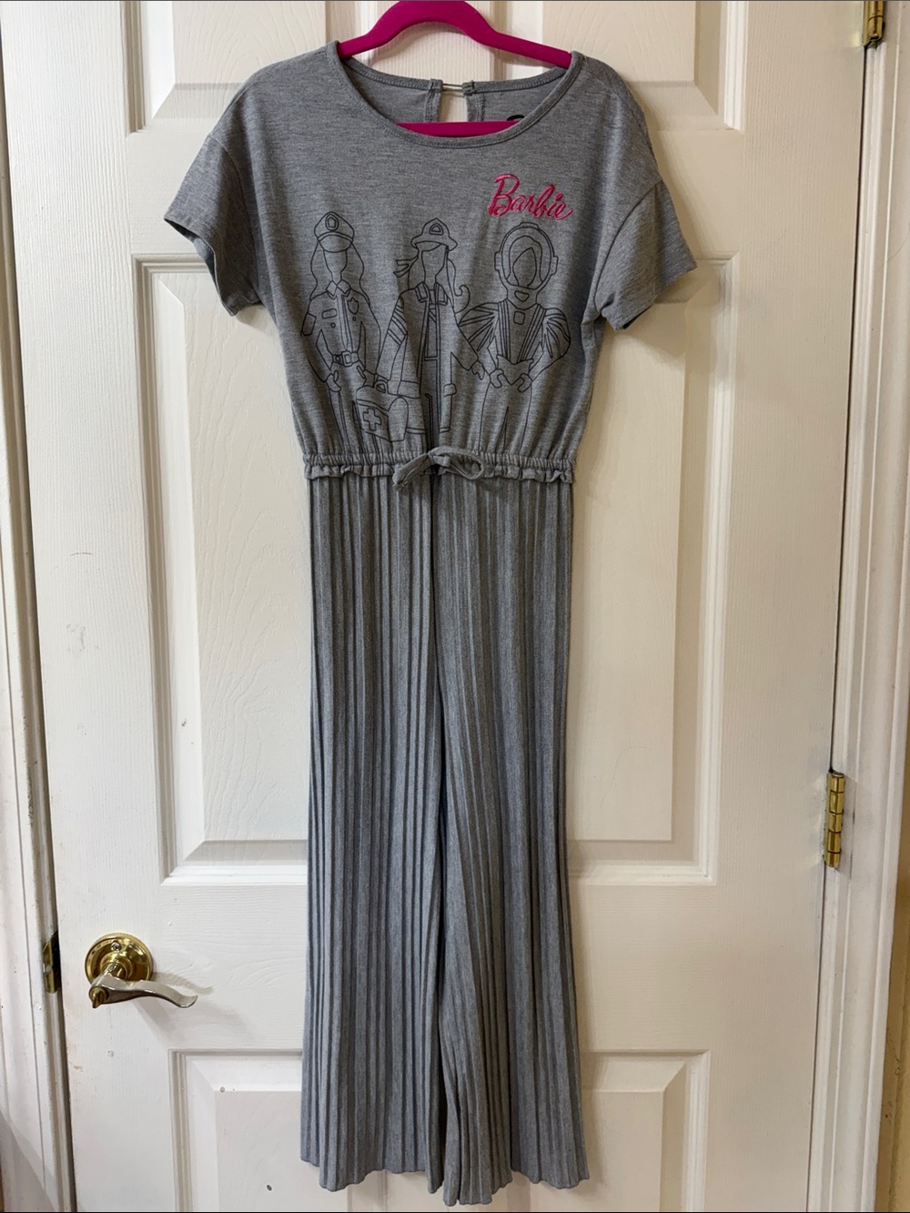 Barbie 60th Anniversary Girls Grey Pleated Ribbed Jumpsuit with Pink Logo Accent